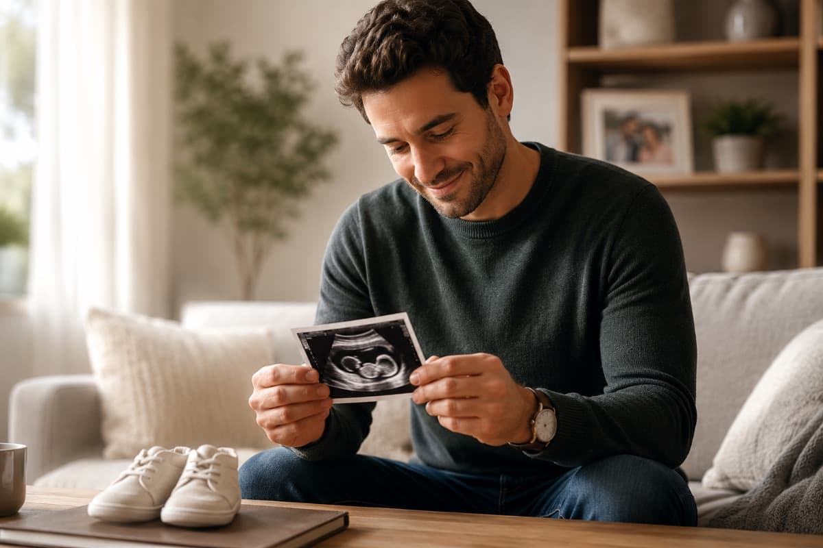 Man looking at ultrasound of baby
